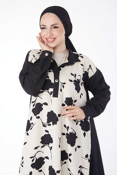 TOFİSA Patterned Loose Dress Black - 25047