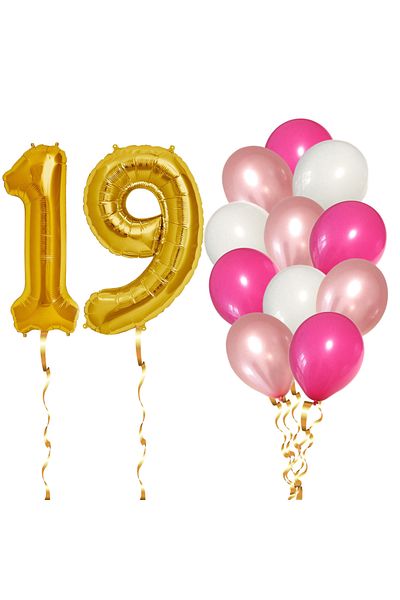 Ropet Set of 14 19th Birthday Balloons, girl, pink/rose gold color, Ropet