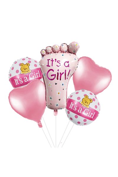 Ropet Set of 5 foil balloons, 45cm - 77cm, foot shape, it's a girl - baby girl, pink, Ropet