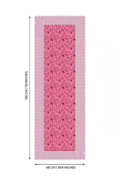decofav Jolie Flowers Pink Decorative Edge Seamless Laser Cut Runner with Birds and Branches Design - 48X135Cm