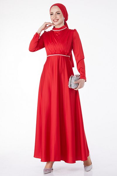 TOFİSA Pleated Detailed Evening Dress Red - 24900