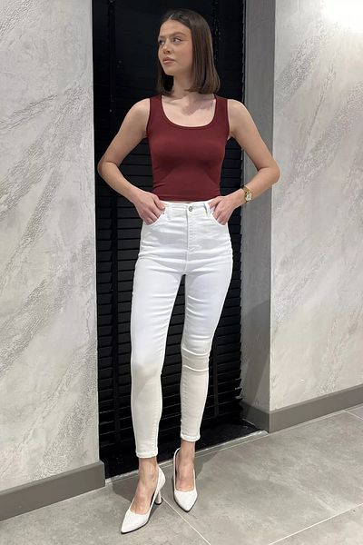 GÜLSELİ Cream High Waist Full Lycra Women's Trousers