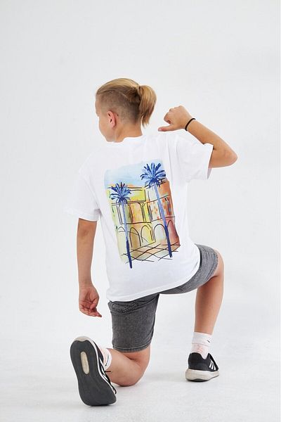 The Champ Clothing Детска тениска с бяло кръгло деколте и щампа с палми