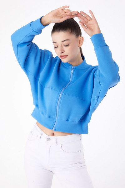 TOFİSA Zippered Crop Sweatshirt Blue - 26274