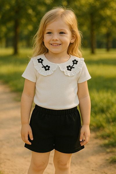 MİNYON BABY طقم علوي من القطن بياقة دائرية ومزين بالدانتيل ومزين بالزهور