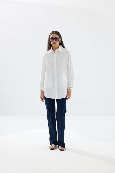 Tailors Room Belted Shirt with Pockets - White