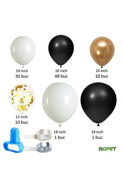 Ropet Balloon set for arch arrangements, Black/White/Gold, 103 pieces, Ropet