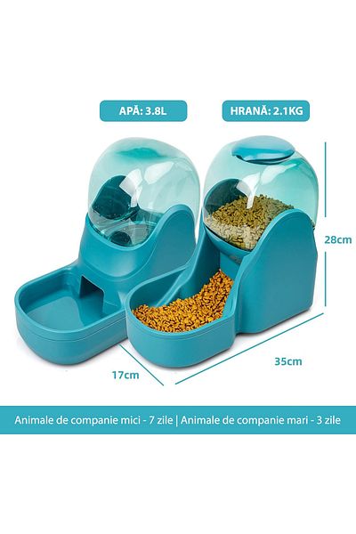 Fish & Paws Dispenser De Apa Si Mancare Pentru Caini Si Pisici ®, 2 In 1, 3.8l, Set, Albastru