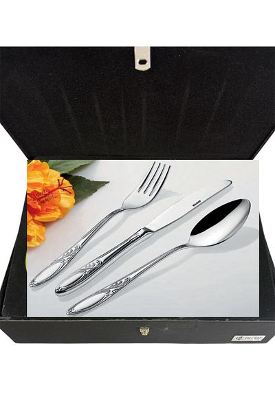 İNTER CELİK Zümrüt Model 90 Piece Spoon-Fork-Knife Set with Leather Bag