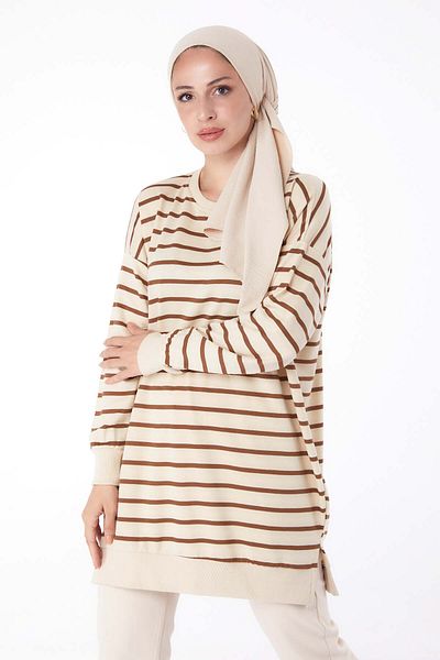 TOFİSA Women's Brown Striped Plain Crew Neck Sweatshirt - 26137