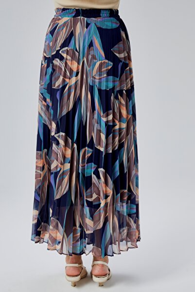 Modabenna Patterned Lined Pleated Chiffon Skirt with Elastic Waist Pleated