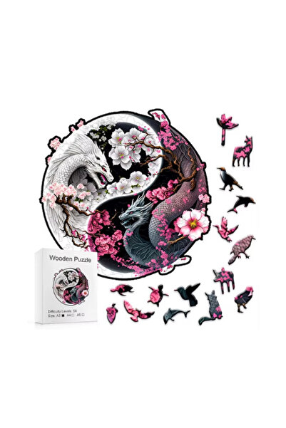 OBRO Puzzle rotund, din lemn, pentru adulti, dragoni yin yang, roz, 250 piese, A3