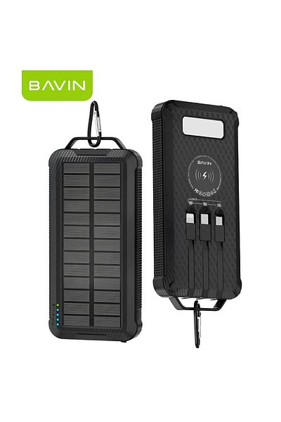Bavin 10000mAh Solar Power Bank with Wireless Charging, Built-in Flashlight, and 3 Cables