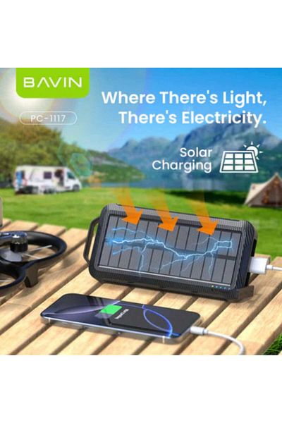 Bavin 10000mAh Solar Power Bank with Wireless Charging, Built-in Flashlight, and 3 Cables