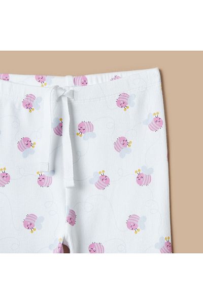 Juniors All-Over Bee Print Leggings With Lettuce Hem And Drawstring Closure