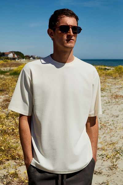 GRIMELANGE Chic Men's Relaxed Fit Textured Cotton Fabric Ecru T-Shirt