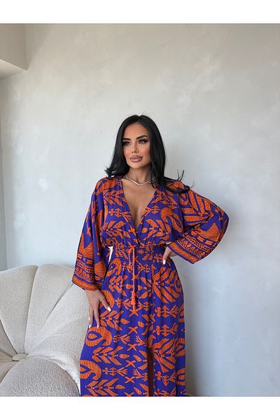 LİLA İSTANBUL V-Neck Gimped Ethnic Patterned Bat Sleeve Summer Dress