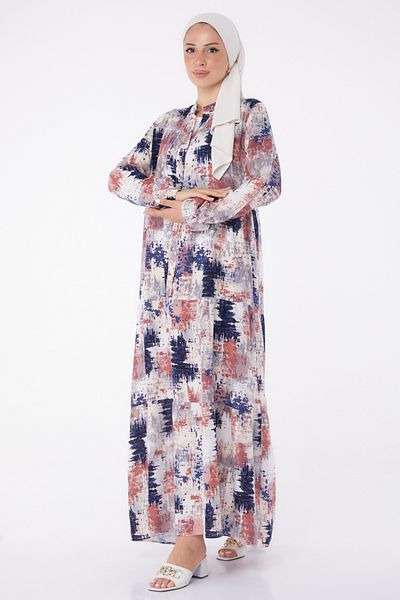 TOFİSA Buttoned Patterned Dress Navy Blue - 26045