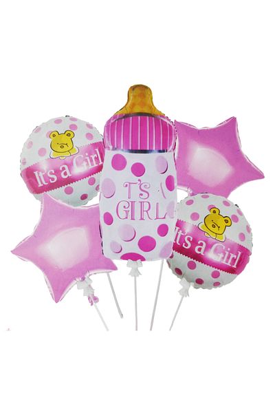Ropet Set of 5 foil balloons, 45cm - 79cm, bottle shape, it's a girl - baby girl, pink, Ropet