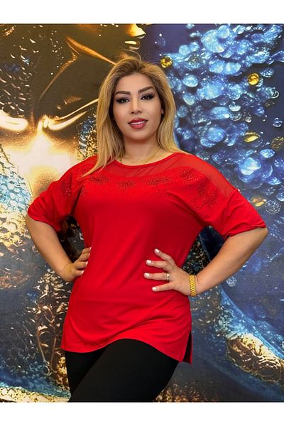Yeşilmoda Blouse,Cotton,High Quality,Stone Embroidery,Red,Lace Collar,Summer