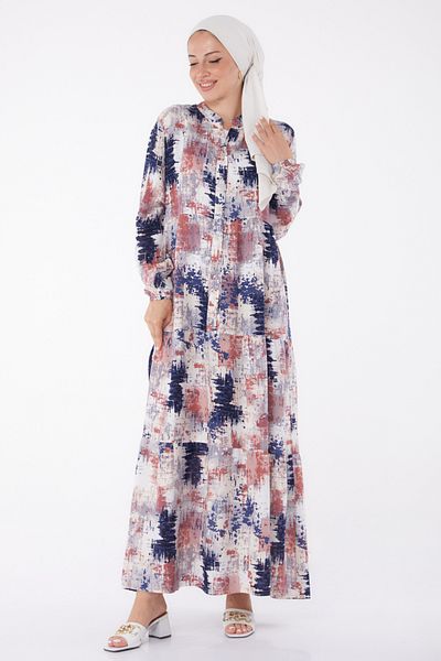 TOFİSA Buttoned Patterned Dress Navy Blue - 26045