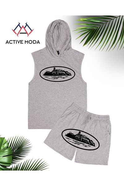 ACTIVE MODA - قميص رياضي رجالي بطبعة سفينة - طقم شورت مكون من قطعتين قطن مقاس كبير