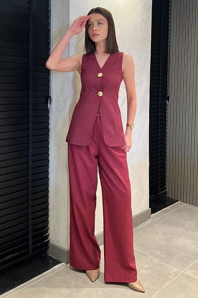 GÜLSELİ Claret Red Double Button Vest Trousers Double Set