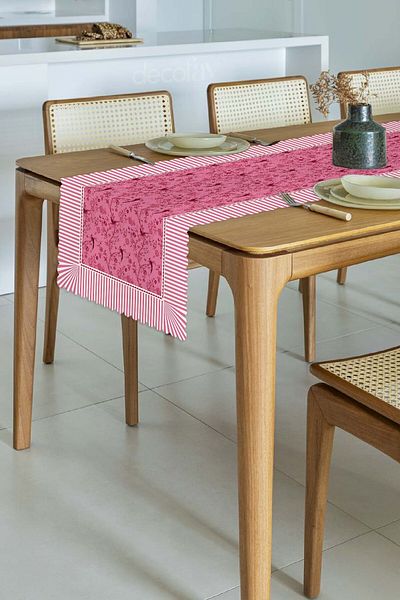 decofav Jolie Flowers Pink Decorative Edge Seamless Laser Cut Runner with Birds and Branches Design - 48X135Cm