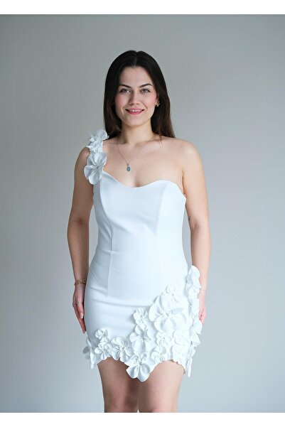 snc Askısı Yanı Üç Boyut Çiçekli Kısa Elbise Ekru