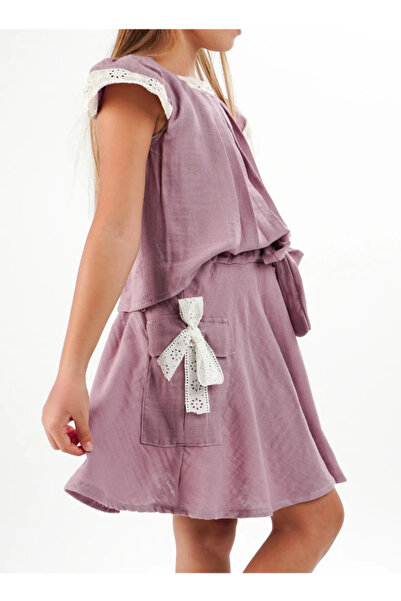 Casabony 3 Yaş  Lila Muslin Dantelli Kız Çocuk Tunik + Etekli Takım 3 Yaş