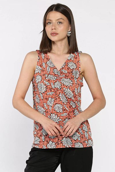 GÜLSELİ Tile Women's V-Neck Front Shirred Patterned Blouse