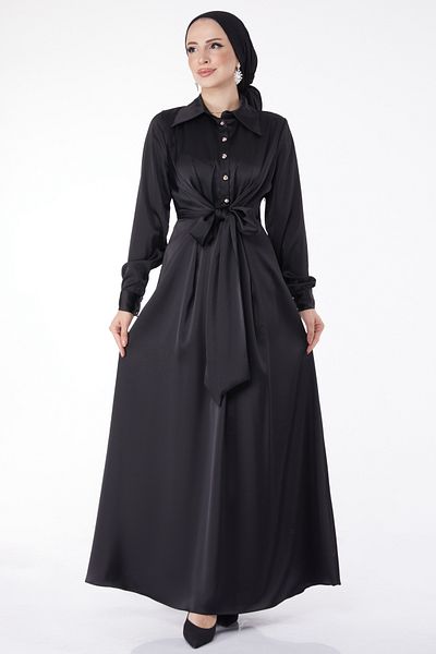 TOFİSA Cross Belt Detailed Evening Dress Black - 25211