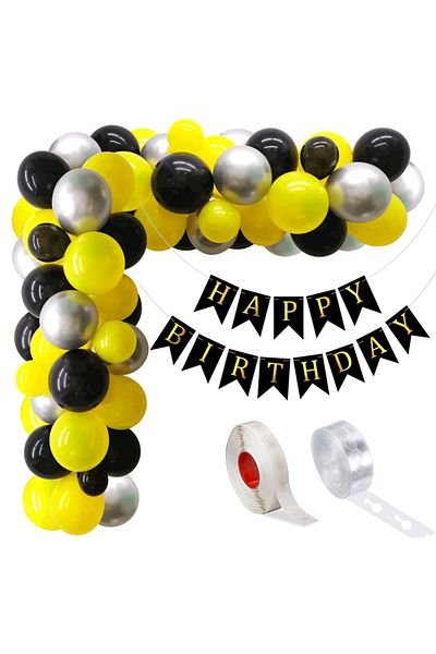 Ropet Balloon arrangement set for arch, Happy Birthday garland, 115 pcs, black, yellow and silver