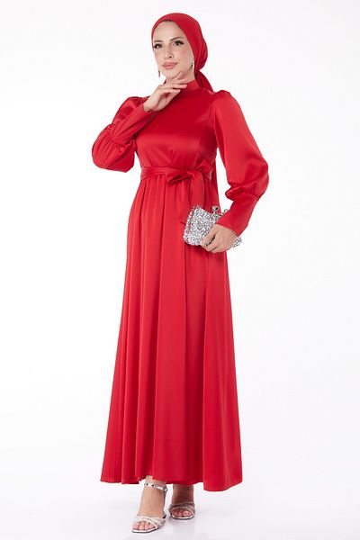 TOFİSA Belted Evening Dress Red - 26145