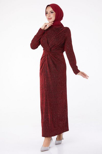 TOFİSA Straight Chief Collar Women's Red Smocked Evening Dress - 26273