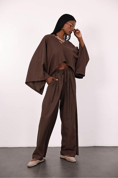 5in1Canpolat Bitter Brown Bat Sleeve Blouse Trousers Set