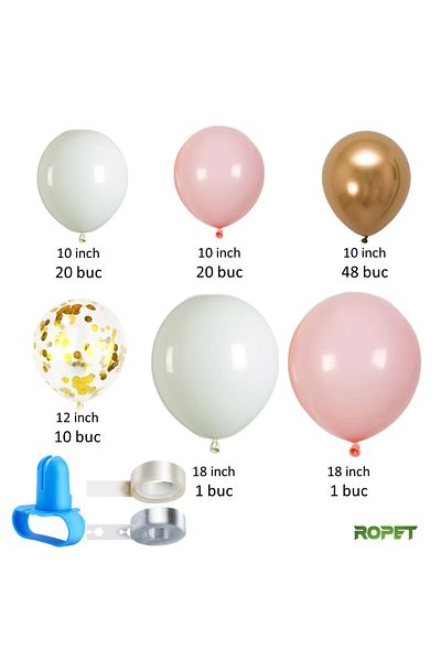 Ropet Balloon set for arch arrangements, Pink/White/Gold, 103 pieces, Ropet