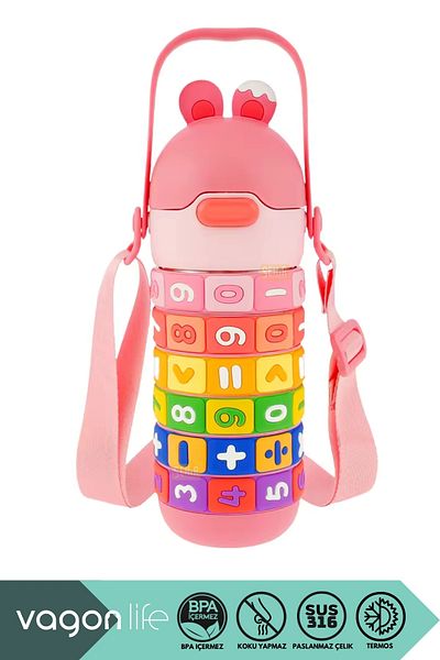 Vagonlife 430ml Cute Eared Educational Math Flip Game Children's Steel Thermos with Straw and Strap Handle