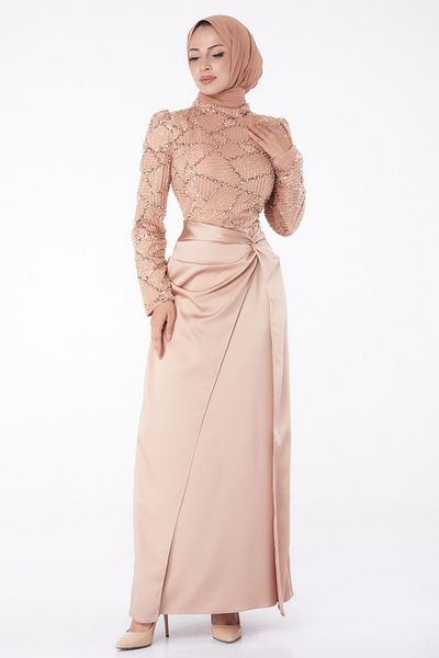 TOFİSA Stone Evening Dress Mink - 26196