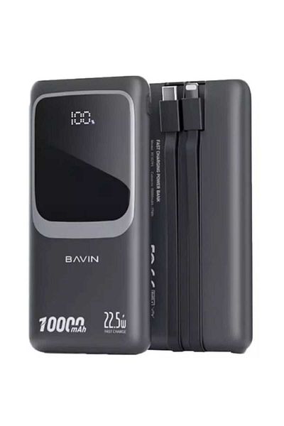 Bavin 10000mAh 22.5W Power Bank with PD Port, USB Port, 2 Built-in Cables, and Display Screen Black