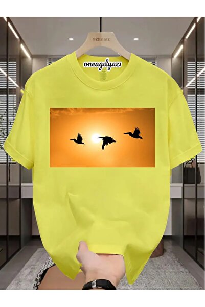 oneagılyazı Zapad sunca Pejzaž Ptice Štampano Oversize kroj T-shirt