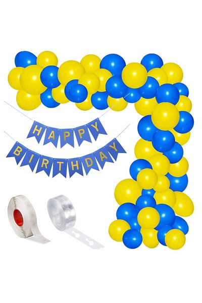 Ropet Balloon arrangement set for arch, Happy Birthday garland, 115 pcs, yellow and blue