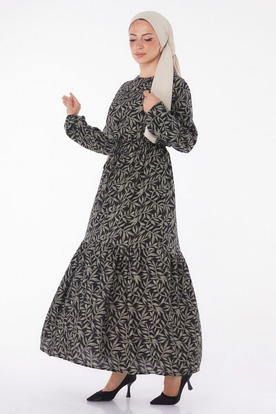 TOFİSA Leaf Patterned Dress Beige - 25751