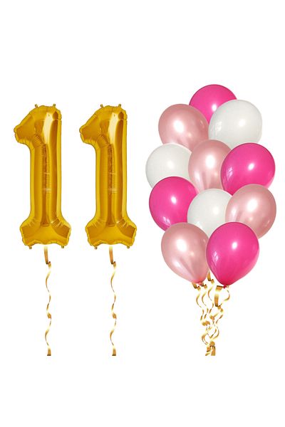 Ropet Set of 14 11th Birthday Balloons, girl, pink/rose gold color, Ropet