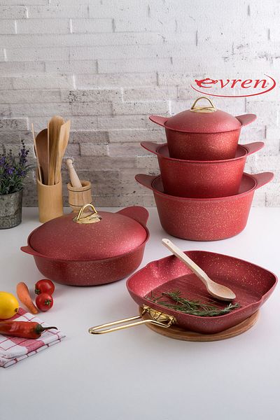 Evren Red Dolphin Pot Set – 9 Pieces, Elegant Design with Nature-Inspired Details