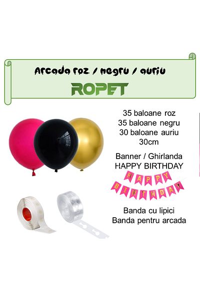 Ropet Balloon arrangement set for arch, Happy Birthday garland, 115 pcs, pink, black and gold