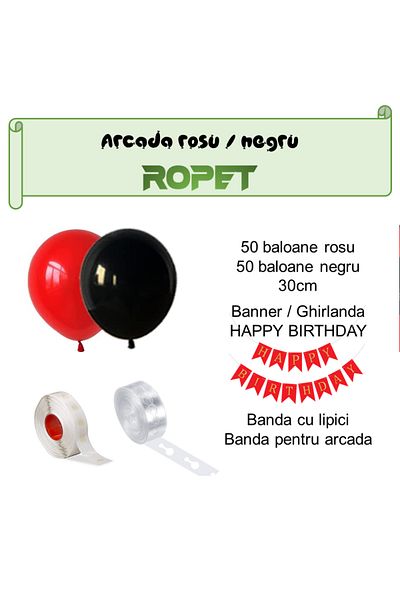 Ropet Balloon arrangement set for arch, Happy Birthday garland, 115 pcs, red and black