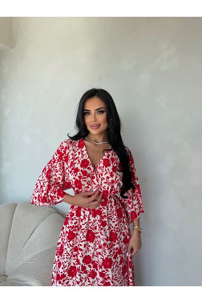 LİLA İSTANBUL Double Breasted Neckline Bat Sleeve Floral Print Viscose Fabric Slit Detail Summer Dress