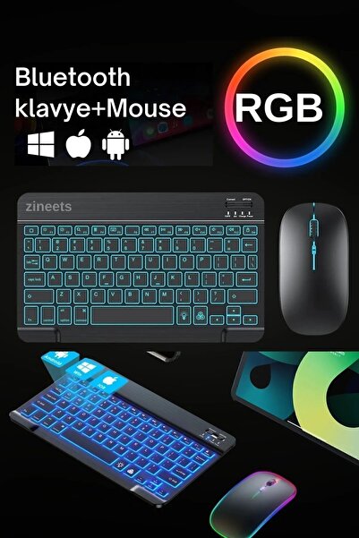 Zineets Beyaz Rgb Işıklı Kablosuz Bluetooth Klavye Mouse Seti Tablet Telefon Windows Uyumlu