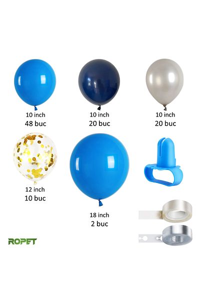 Ropet Balloon set for arch arrangements, Blue/Silver, 103 pieces, Ropet
